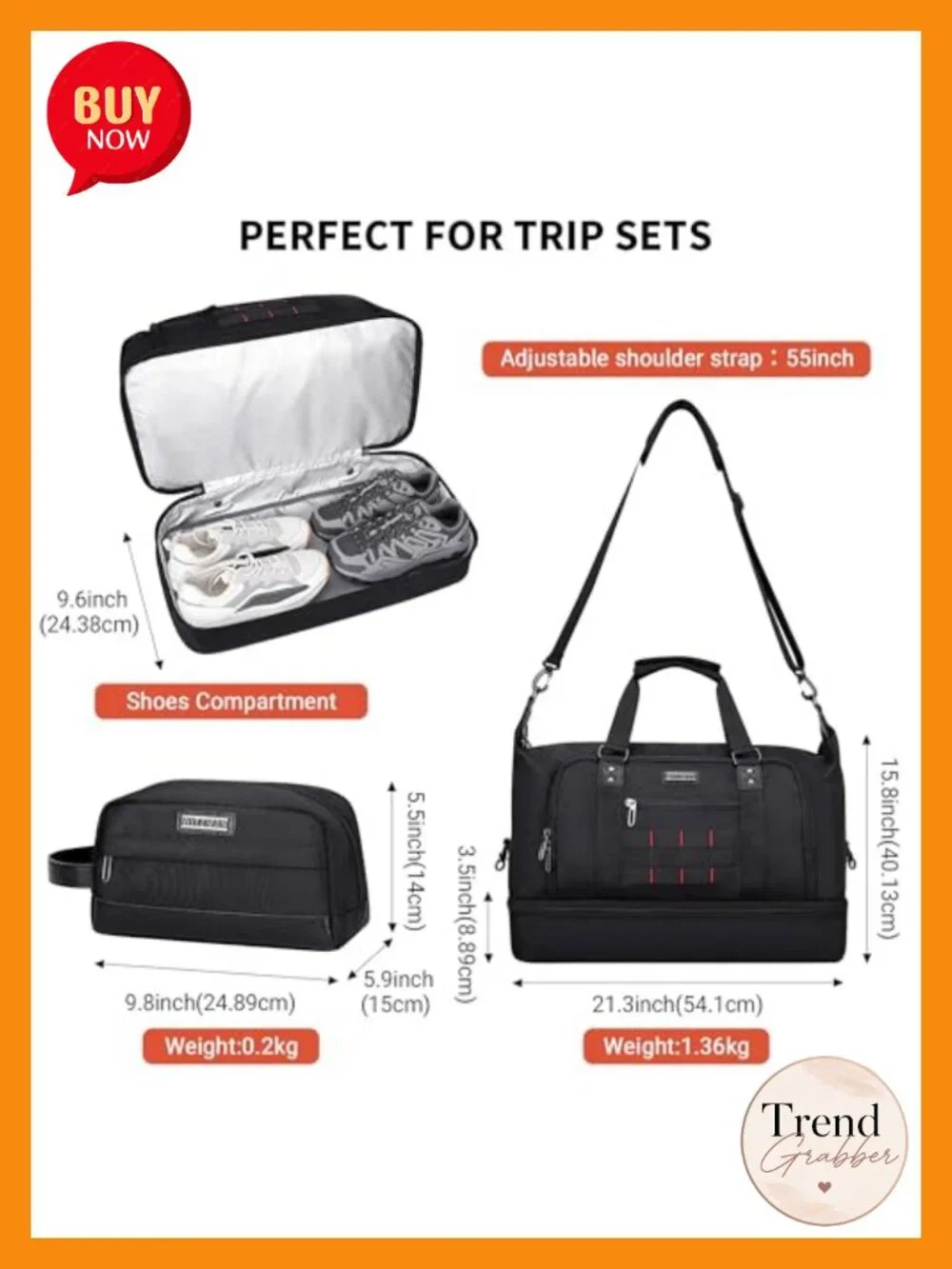 Nylon Duffle Bag 50L Men's Travel Weekender with Toiletry Bag